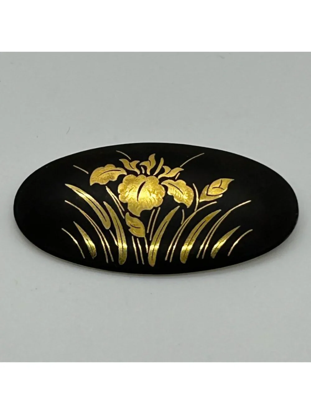 Vintage Japanese Damascene Brooch Gold-tone Inlay Black Oval Iris Flower Pin
